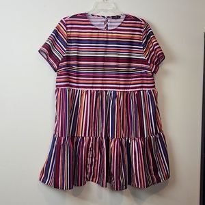 SHEIN Curve Burgandy Pink Black Striped Tiered Babydoll Keyhole Dress